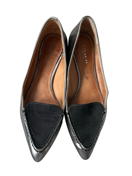 Coach Walsh Silver Metallic Mirror Leather Black Suede Pointed Toe Flats Size 5B - Picture 2 of 9